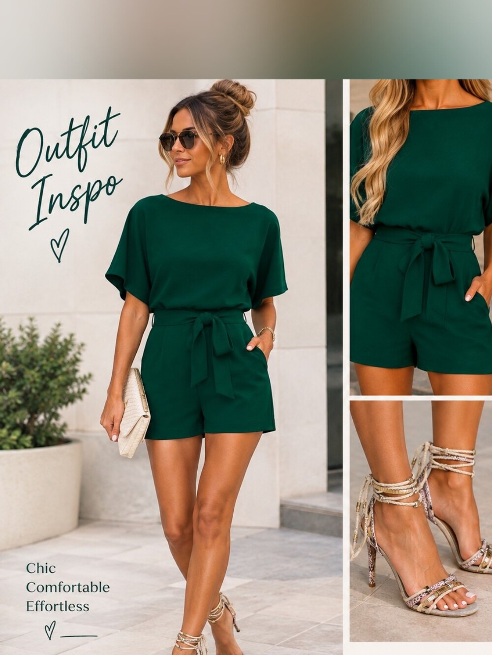 Women’s Forest Green Short Sleeve Tie-Waist Romper